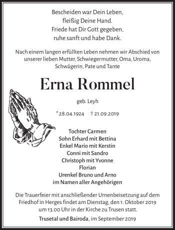 Traueranzeige von Erna Rommel von Südthüringer Presse