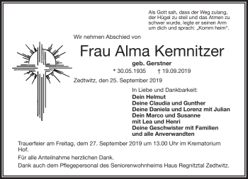 Traueranzeige von Alma Kemnitzer von Frankenpost