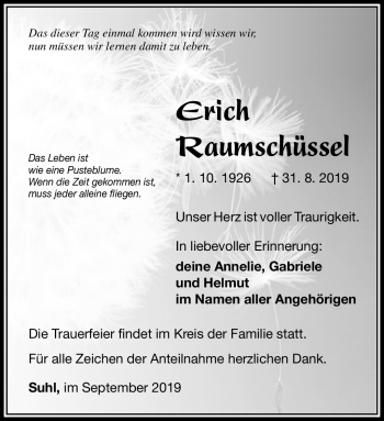 Traueranzeige von Erich Raumschüssel von Südthüringer Presse