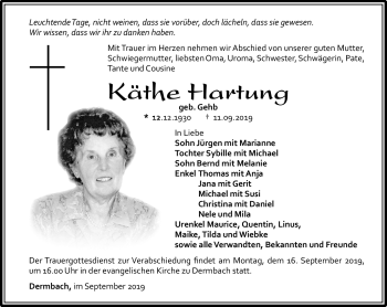 Traueranzeige von Käthe Hartung von Südthüringer Presse
