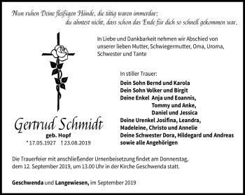 Traueranzeige von Gertrud Schmidt von Südthüringer Presse