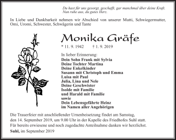 Traueranzeige von Monika Gräfe von Südthüringer Presse
