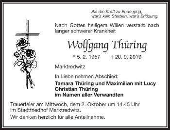 Traueranzeige von Wolfgang Thüring von Frankenpost