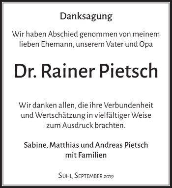 Traueranzeige von Rainer Pietsch von Südthüringer Presse