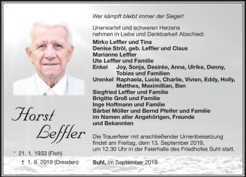Traueranzeige von Horst Leffler von Südthüringer Presse