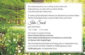 Traueranzeige von Ida Sack von Südthüringer Presse