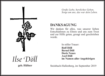 Traueranzeige von Ilse Döring von Südthüringer Presse