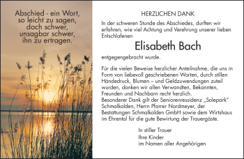 Traueranzeige von Elisabeth Bach von Südthüringer Presse