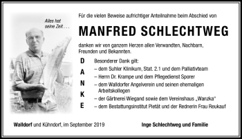 Traueranzeige von Manfred Schlechtweg von Südthüringer Presse
