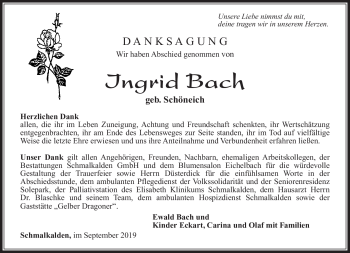 Traueranzeige von Ingrid Bach von Südthüringer Presse