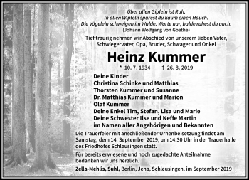 Traueranzeige von Heinz Kummer von Südthüringer Presse