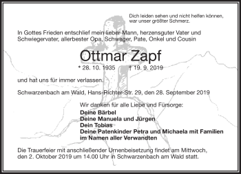 Traueranzeige von Ottmar Zapf von Frankenpost