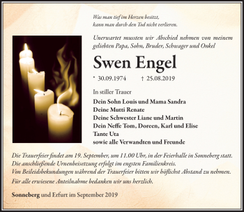 Traueranzeige von Swen Engel von Südthüringer Presse