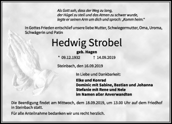 Traueranzeige von Hedwig Strobel von Frankenpost