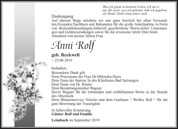 Traueranzeige von Anni Rolf von Südthüringer Presse