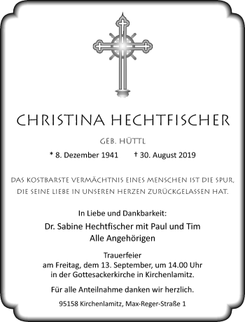 Traueranzeige von Christina Hechtfischer von Frankenpost
