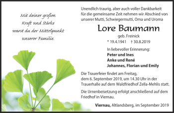 Traueranzeige von Lore Baumann von Südthüringer Presse
