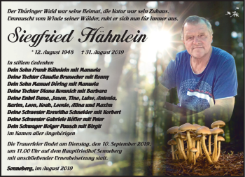 Traueranzeige von Siegfried Hähnlein von Südthüringer Presse