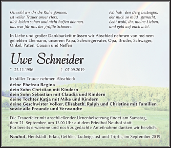 Traueranzeige von Uwe Schneider von Südthüringer Presse