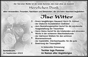 Traueranzeige von Ilse Witter von Südthüringer Presse
