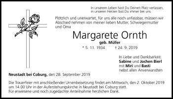 Traueranzeige von Margarete Ornth von Neue Presse Coburg