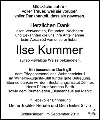 Traueranzeige von Ilse Kummer von Südthüringer Presse