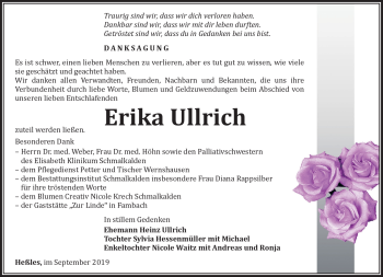 Traueranzeige von Erika Ullrich von Südthüringer Presse