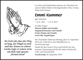 Traueranzeige von Emmi Kummer von Südthüringer Presse