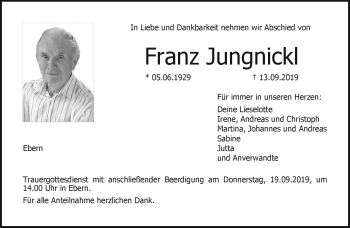 Traueranzeige von Franz Jungnickl von Neue Presse Coburg