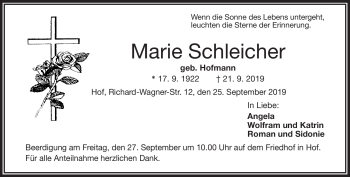 Traueranzeige von Marie Schleicher von Frankenpost