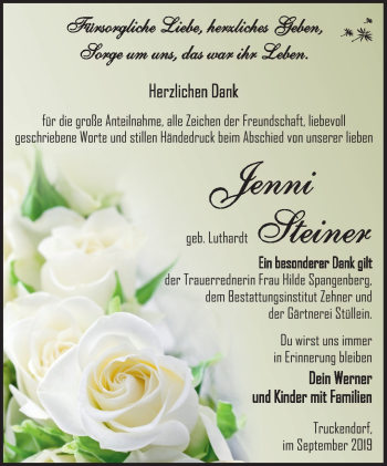 Traueranzeige von Jenni Steiner von Südthüringer Presse