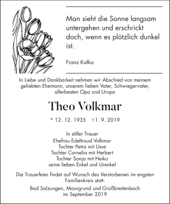 Traueranzeige von Theo Volkmar von Südthüringer Presse