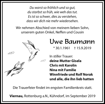 Traueranzeige von Uwe Baumann von Südthüringer Presse
