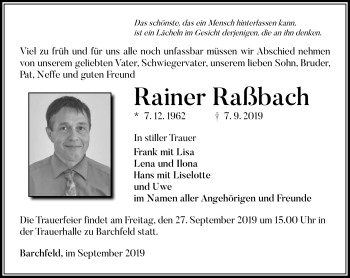 Traueranzeige von Rainer Raßbach von Südthüringer Presse