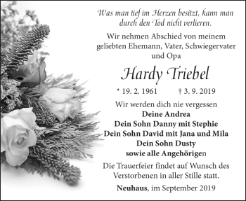 Traueranzeige von Hardy Triebel von Südthüringer Presse