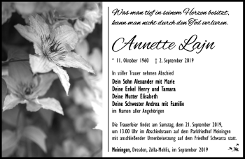 Traueranzeige von Annette Lajn von Südthüringer Presse