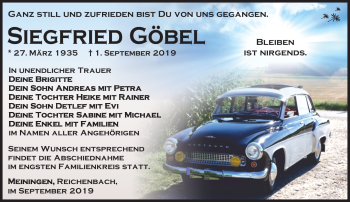 Traueranzeige von Siegfried Göbel von Südthüringer Presse