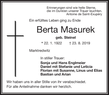 Traueranzeige von Berta Masurek von Frankenpost