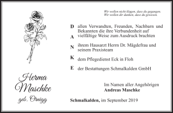 Traueranzeige von Herma Maschke von Südthüringer Presse