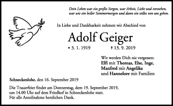 Traueranzeige von Adolf Geiger von Neue Presse Coburg