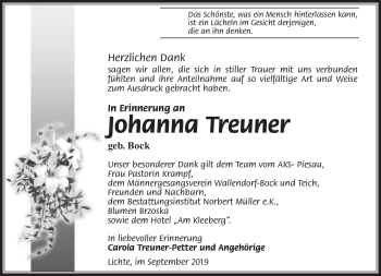 Traueranzeige von Johanna Treuner von Südthüringer Presse