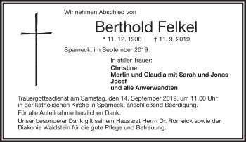 Traueranzeige von Berthold Felkel von Frankenpost