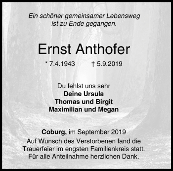 Traueranzeige von Ernst Anthofer von Neue Presse Coburg