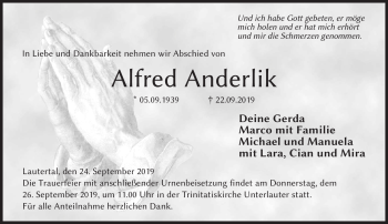 Traueranzeige von Alfred Anderlik von Neue Presse Coburg