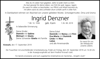 Traueranzeige von Ingrid Denzner von Neue Presse Coburg