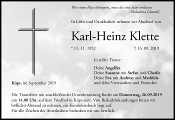 Traueranzeige von Karl-Heinz Klette von Neue Presse Coburg