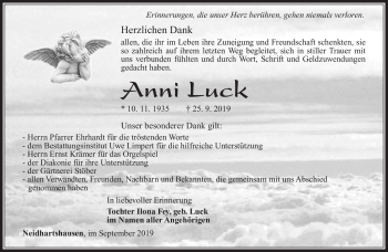 Traueranzeige von Anni Luck von Südthüringer Presse