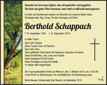 Traueranzeige von Berthold Schappach von Südthüringer Presse