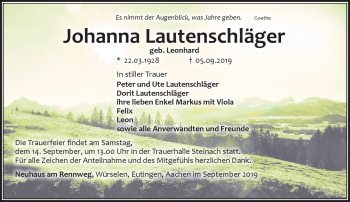 Traueranzeige von Johanna Lautenschläger von Südthüringer Presse