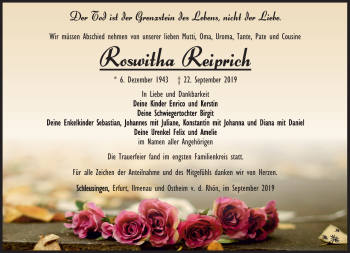 Traueranzeige von Roswitha Reiprich von Südthüringer Presse